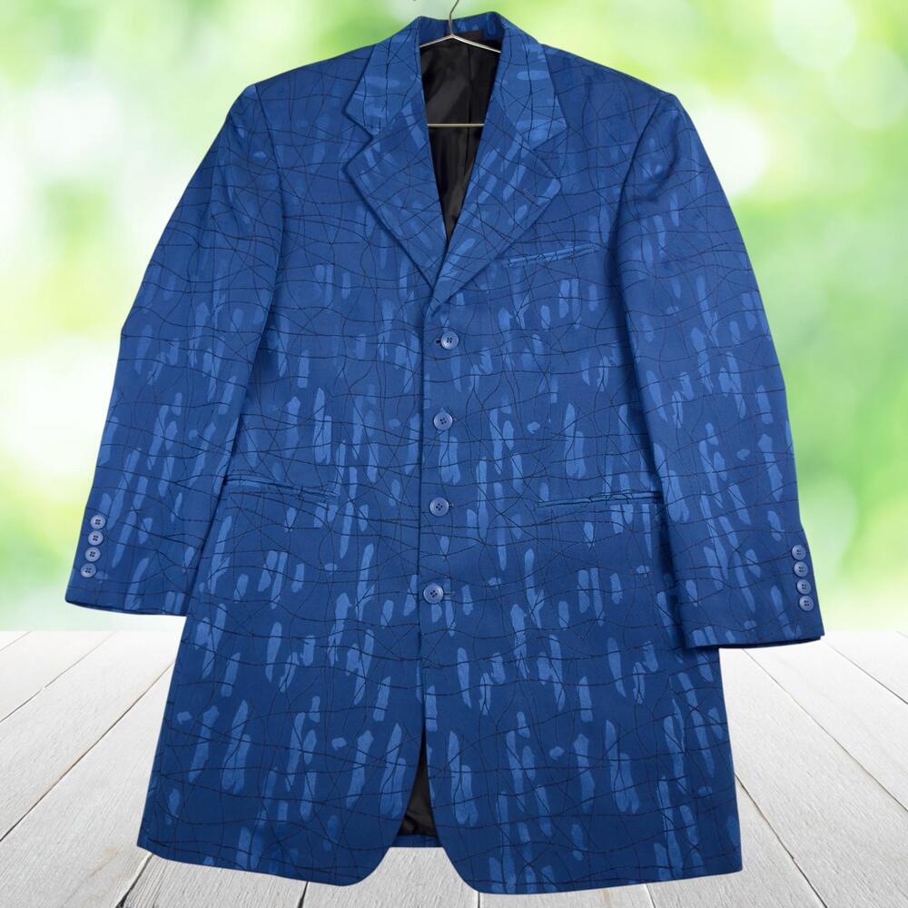 Vintage Y2K FALCONE Longline Blazer Sport Coat Abstract Art Wear Blue Mens 40R